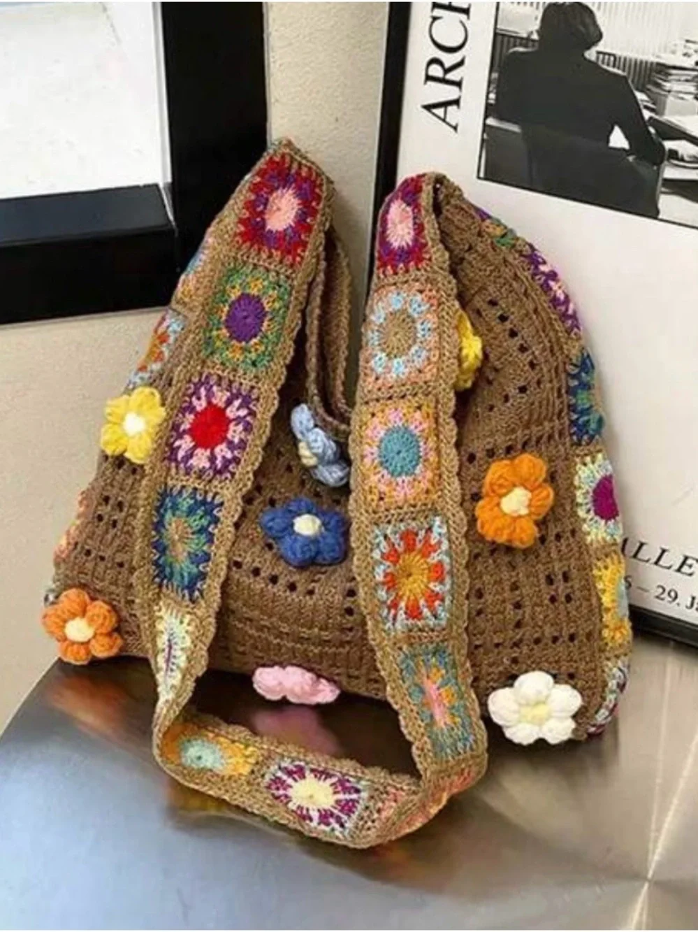 Boho Crocheted Bag with Colorful Flower Accents - Picture 2 of 2